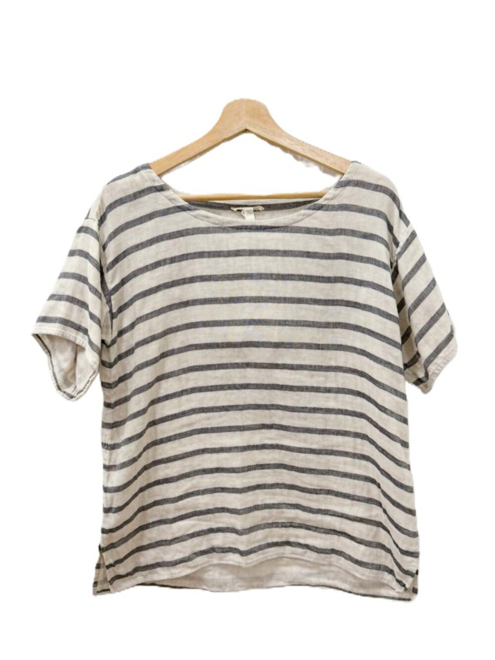 Eileen Fisher XS Linen Organic Cotton Striped Top Relaxed Fit Neutral Gray